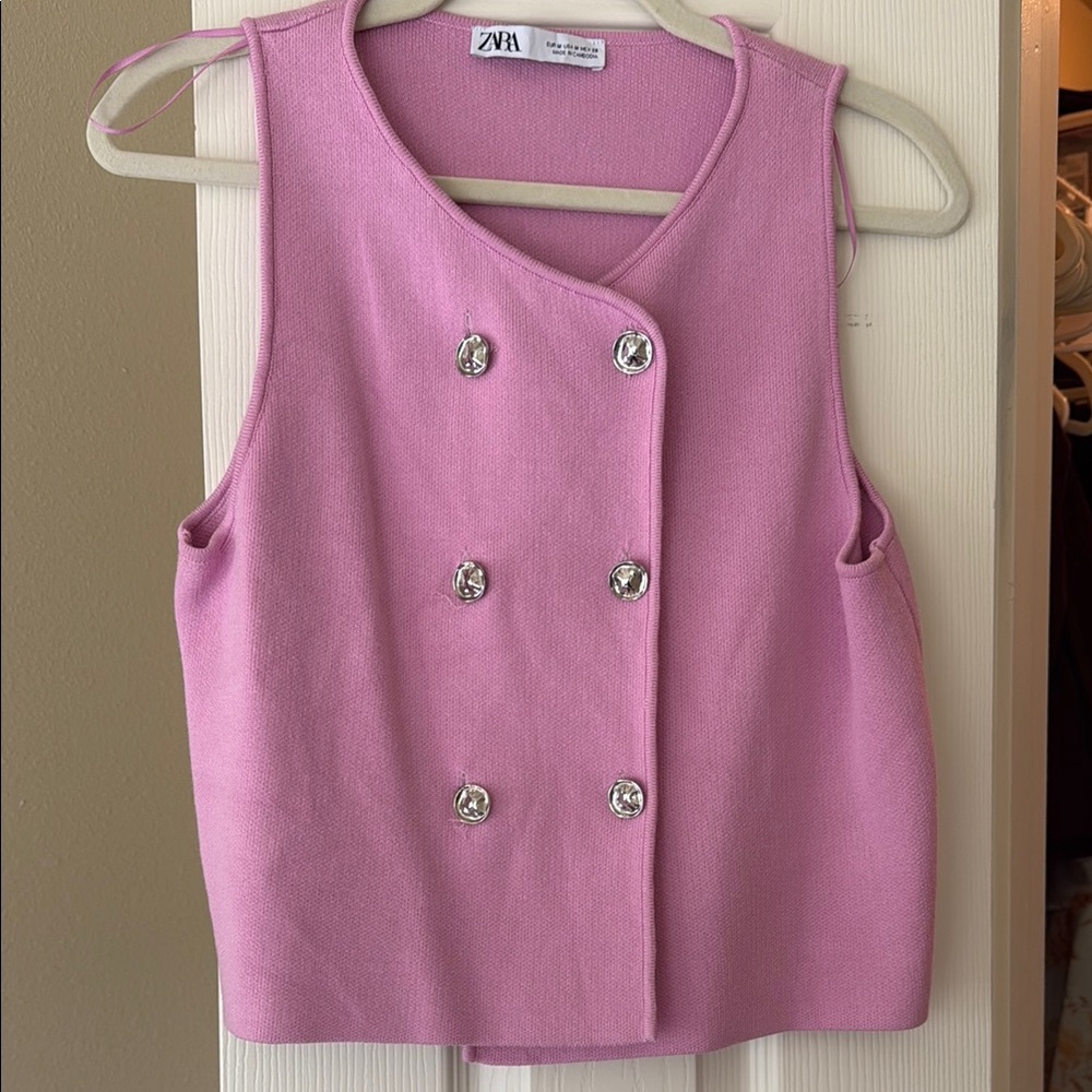 ZARA Pink Double-Breasted Sleeveless Knit Vest